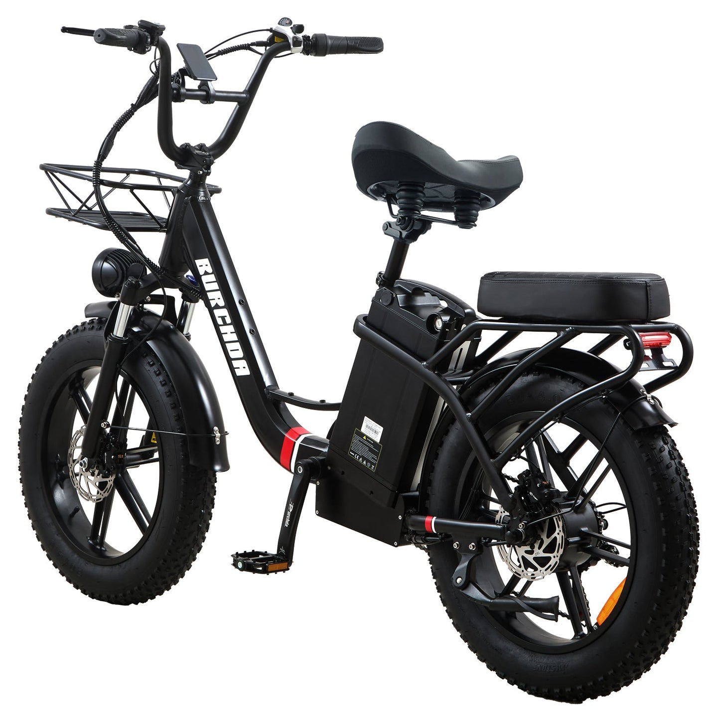 Black Burchda U8 step-through e-bike with adjustable front fork and oversized comfort saddle