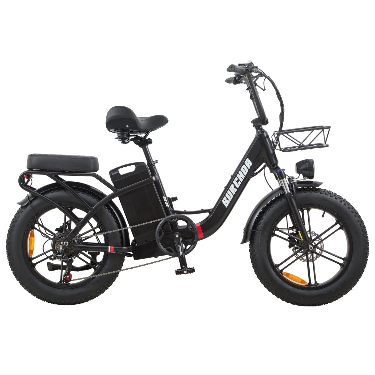Black Burchda U8 long-range e-bike with hydraulic brakes and adjustable front fork