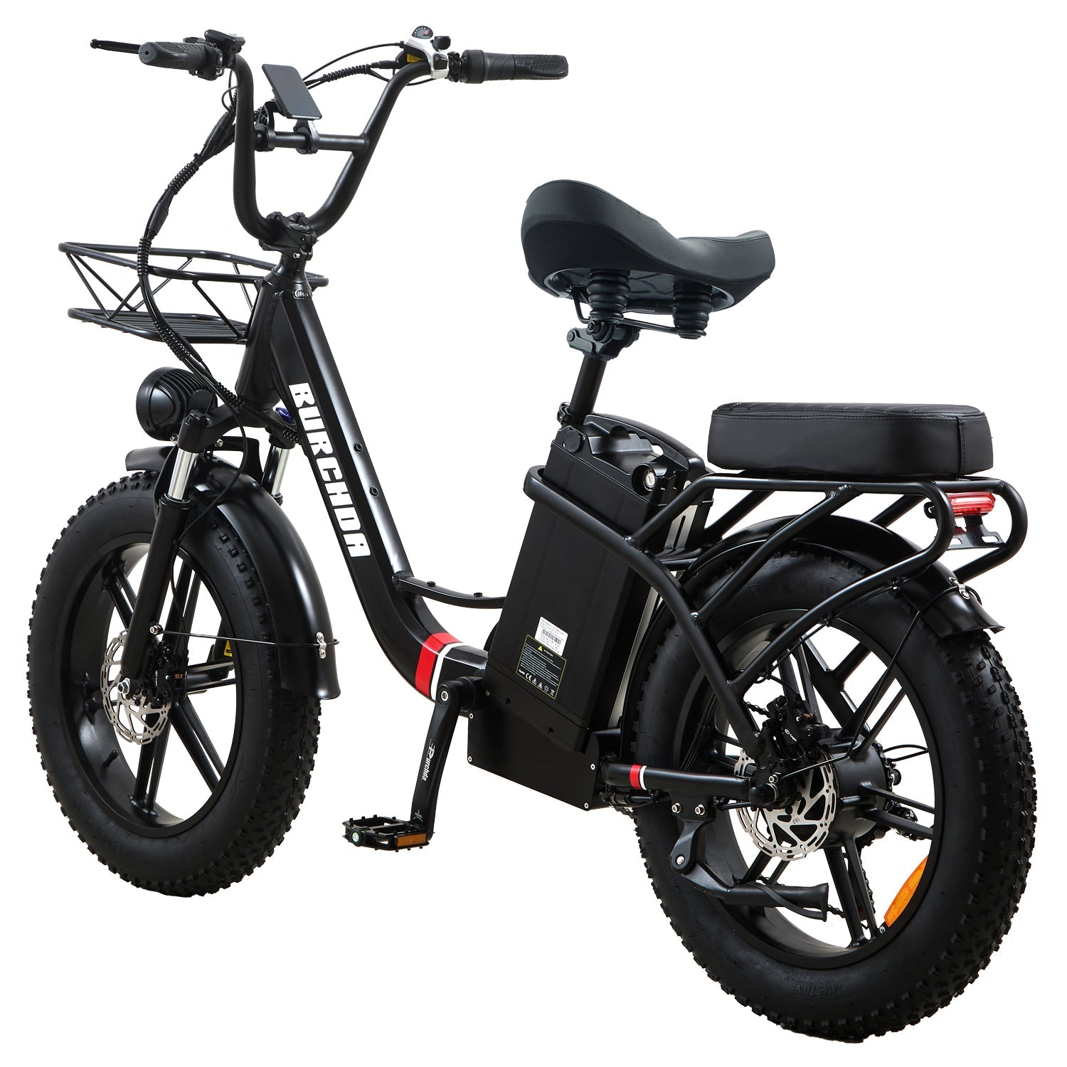 Black Burchda U8 step-through e-bike with adjustable front fork and oversized comfort saddle