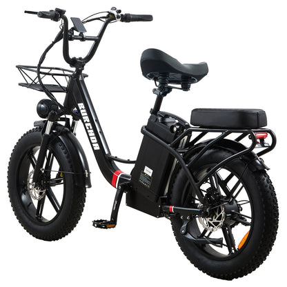 Black Burchda U8 step-through e-bike with adjustable front fork and oversized comfort saddle