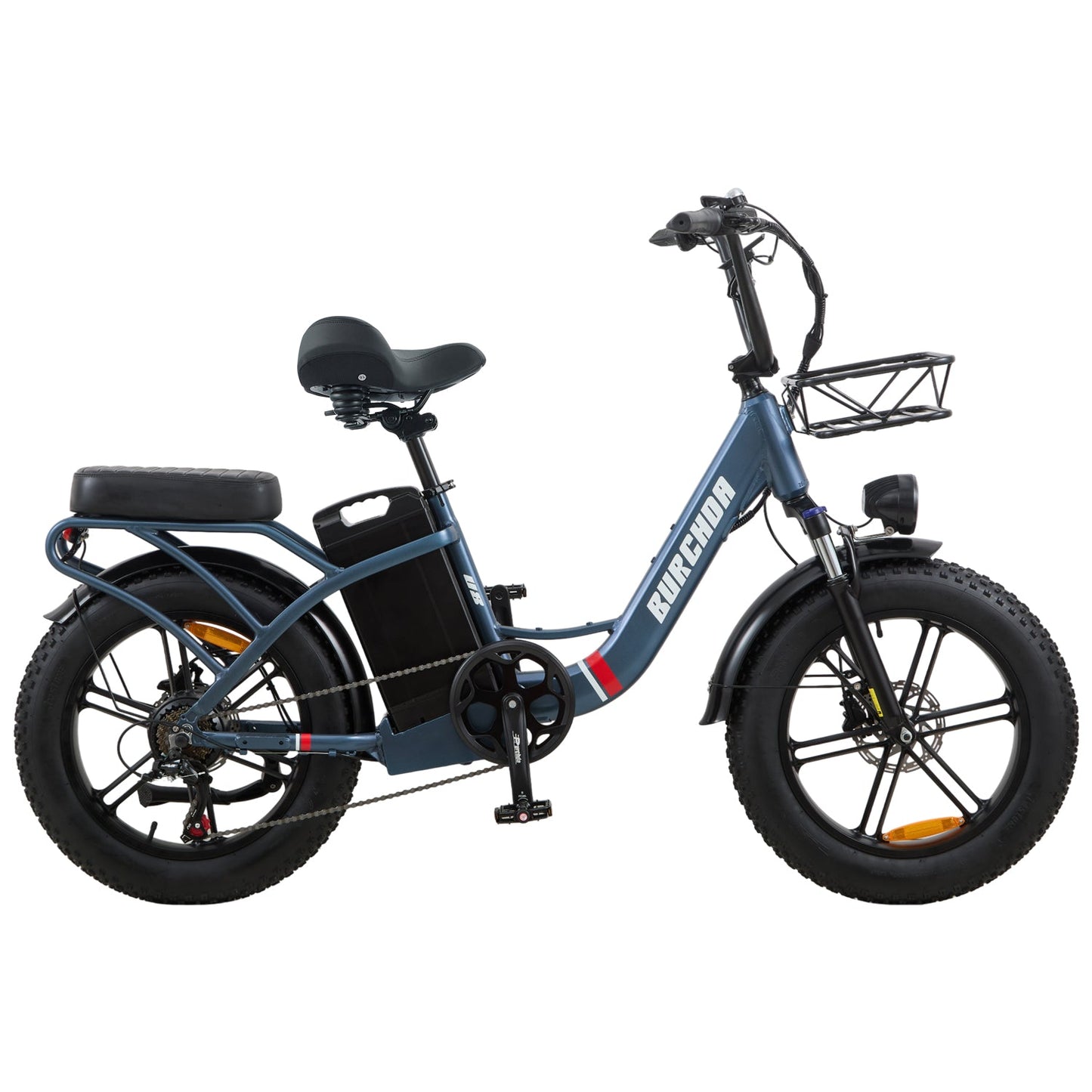 Blue Burchda U8 fat tire e-bike with hydraulic disc brakes